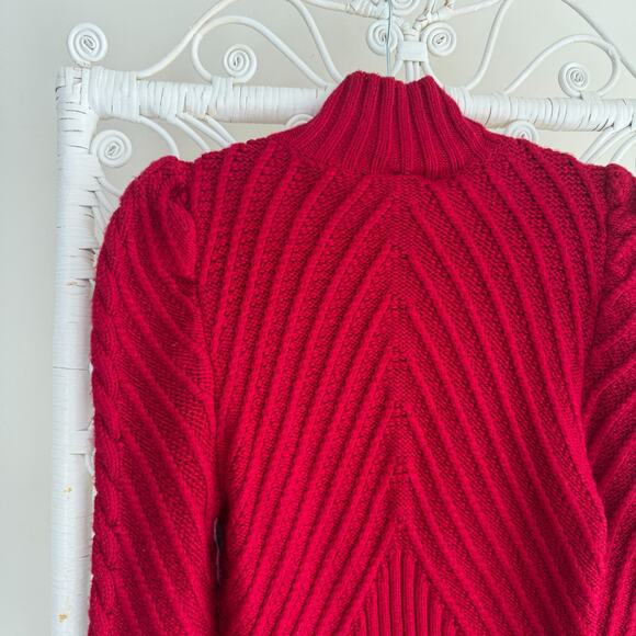 White House Black Market Sweater Medium Red Cable Knit Puff Sleeve Turtleneck - Picture 12 of 14